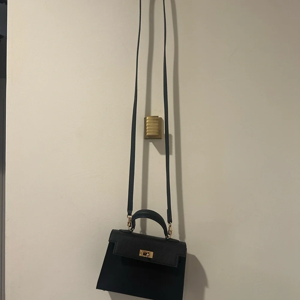 Structured Black Crossbody Bag with Gold-Tone Lock